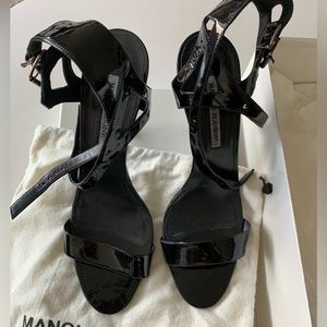 Manolo Blahnik - black patent leather double ankle buckle 3.5in heel sandals